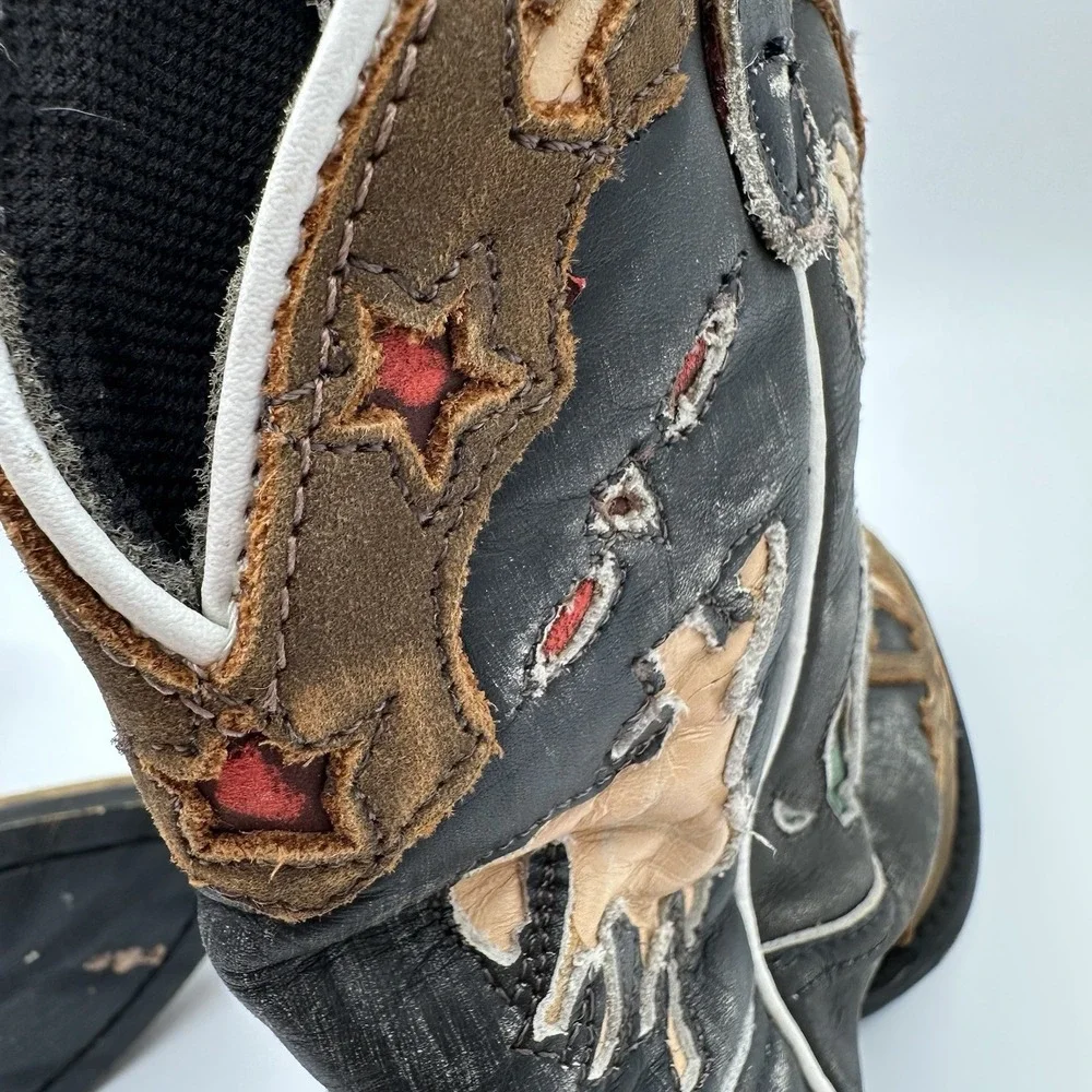 Dan Post Kids 10D Cowboy Boots Leather Bronco Horse Floral Inlay Black DPC2150